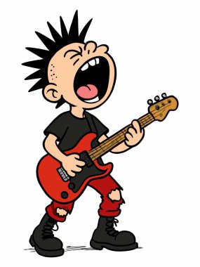 Elektro gitar çalan punk rock müzisyeninin karikatür çizimi