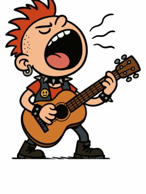 Elektro gitar çalan punk rock müzisyeninin karikatür çizimi