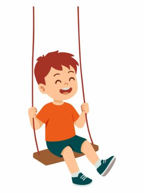 Salıncakta sallanan mutlu küçük bir çocuğun çizgi film çizimi..
