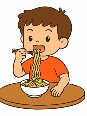 Erişte yiyen bir çocuğun çizgi film çizimi