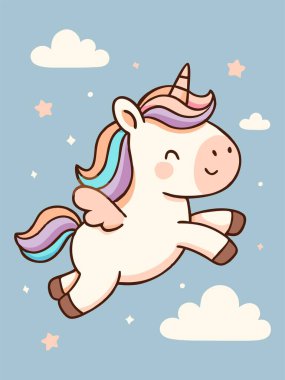 Tatlı uçan tek boynuzlu at çizgi film çizimi.