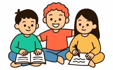 Çocukların birlikte okuduğu çizgi film çizimleri