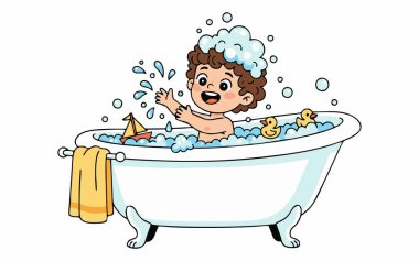 Mutlu banyo yapan bir çocuğun neşeli bir çizimi..