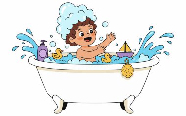 Mutlu banyo yapan bir çocuğun neşeli bir çizimi..