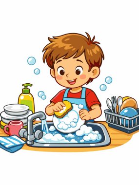 Mutfak lavabosunda bulaşık yıkayan bir çocuğun neşeli çizgi film çizimi..