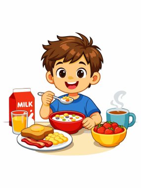 Kahvaltının tadını çıkaran bir çocuğun neşeli bir karikatürü..