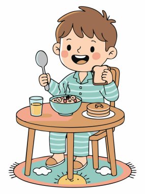 Kahvaltının tadını çıkaran bir çocuğun neşeli bir karikatürü..