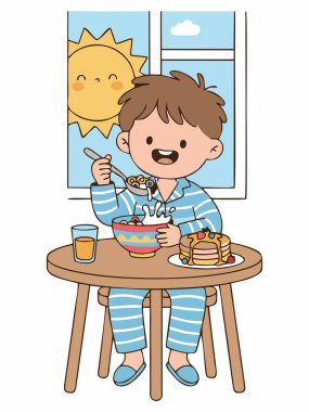 Kahvaltının tadını çıkaran bir çocuğun neşeli bir karikatürü..