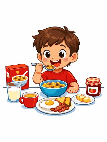 Kahvaltının tadını çıkaran bir çocuğun neşeli bir karikatürü..