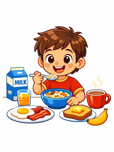 Kahvaltının tadını çıkaran bir çocuğun neşeli bir karikatürü..