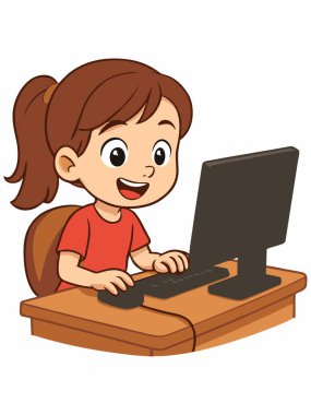 Cute Cartoon Girl Using Computer at Desk