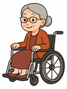 Tekerlekli sandalyede oturan yaşlı bir kadının karikatür çizimi.