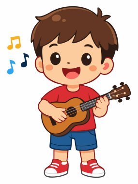 Mutlu Çizgi Film Çocuğu Akustik Gitar Çalıyor