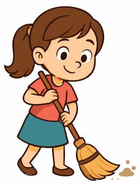 Yerleri süpüren sevimli çizgi film kızı.