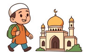 Müslüman bir çocuğun camiye doğru yürüdüğünü gösteren şirin bir karikatür.