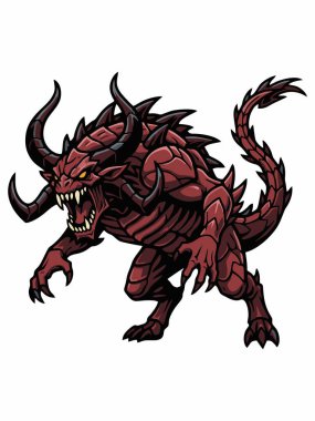Boynuzlu ve Kuyruklu Vahşi Kırmızı İblis Yaratık Çizimi