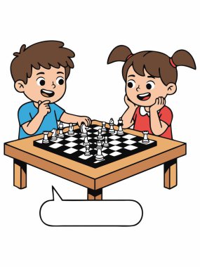 Birlikte satranç oynayan sevimli çocukların tasviri.