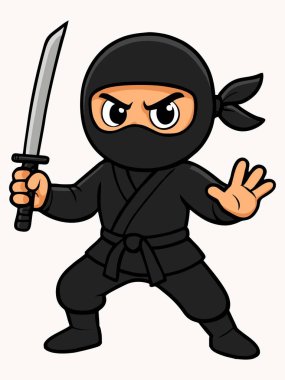 Harekete hazır bir ninja karakterinin çizgi film çizimi.