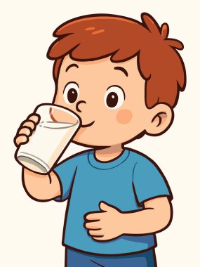 Süt içen bir çocuğun şirin karikatür çizimi.