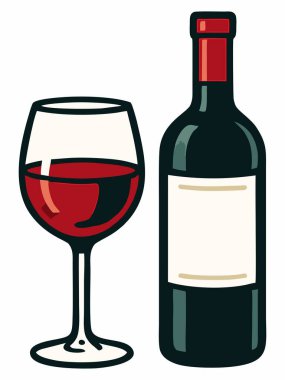 Bir şişe ve bir bardak kırmızı şarabın vektör çizimi