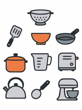 Mutfak Utensilleri ve Aygıt Simgesi Düz Çizgi Film Biçiminde Ayarlandı