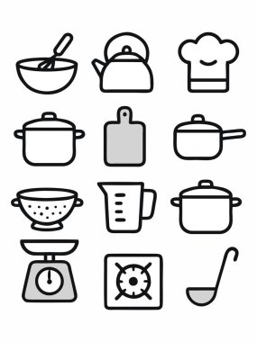 Mutfak Utensilleri ve Aygıt Simgesi Düz Çizgi Film Biçiminde Ayarlandı