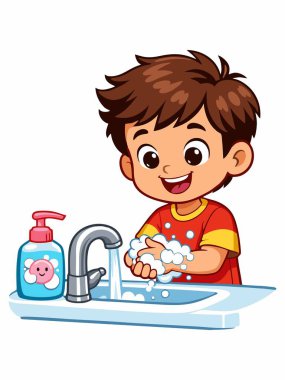Lavaboda Elleri Sabunla yıkayan Tatlı Çocuk