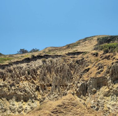 Bu resim, eşsiz dikey çıkıntılar ve dokulu katmanlar sergileyen aşınmış kum taşı oluşumlarıyla bir yamaç gösteriyor. Tepenin üst kısmı, aşağıdaki karmaşık jeolojik yapıyla çelişen seyrek bitki örtüsü ve kuru otlara sahiptir.