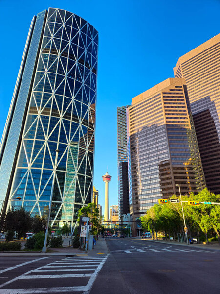 Ранний солнечный свет освещает современный вид центра Калгари, Альберта, подчеркивая геометрический фасад здания Боу и теплые тона окружающих небоскребов. В центре, знаменитая Калгарийская башня гордо возвышается над ясным небом