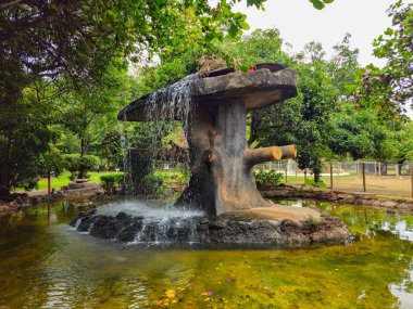 Heykel ağacı şekilli bir çeşme, sakin bir bahçe göletinin merkezinde duruyor. Geniş taştan gölgeliğinden suyla birlikte, aşağıdaki berrak, yeşil renkli suya dökülüyor. Çevrelerinde, sık yapraklar, yapraklar...