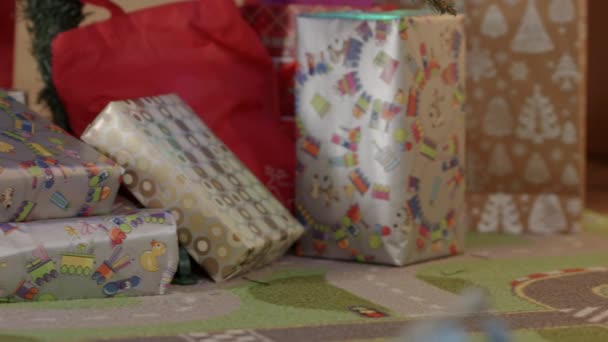 Close up of decorated Christmas tree with gifts. Stock Footage