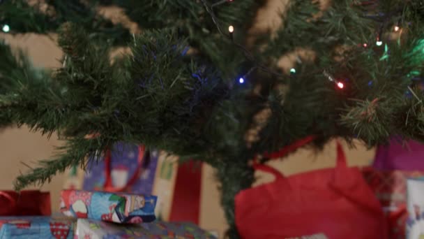 Обзор украшенной новогодней елки снизу вверх — стоковое видео