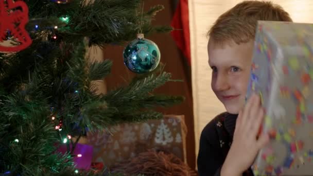 Gelukkige jongen zoekt presenteert onder de boom Nieuwjaar — Stockvideo