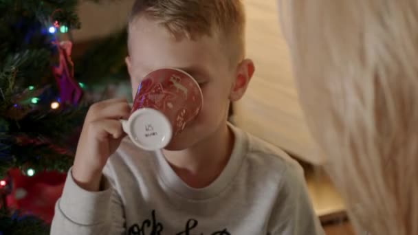 Boy drinks hot chocolate and get chocolate mustache — Stock Video
