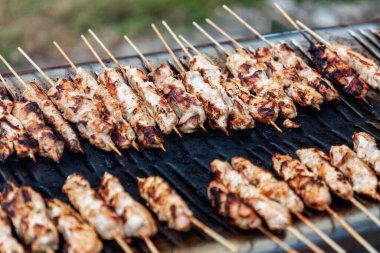 Soslu et parçaları, sıcak bir açık hava barbeküsünün üzerinde pişiyor dumanlı tatlar ve sulu ısırıklar getiriyor. Aile toplantıları, arkadaşlar, yaz barbeküleri ve şenlikli kutlamalar için mükemmel bir sahne..