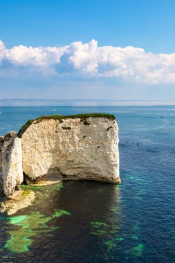 Dorset 'teki Studland yakınlarında yaşlı Harry Rocks. İngiliz turist eğlencesi. Güneşli bir günde beyaz kayalıklar