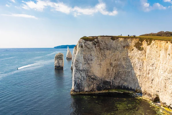 Dorset 'teki Studland yakınlarında yaşlı Harry Rocks. İngiliz turist eğlencesi. Güneşli bir günde beyaz kayalıklar