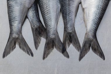 Beş ringa balığının kuyruğu düz bir tahta üzerinde yan yana asılı, metalik pullar ve simetri sergiliyor. Deniz ürünleri, market, balıkçılık veya mutfak temalı hisse senedi imgeleri için ideal.