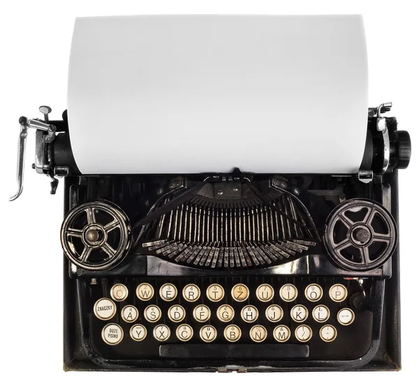 Antique typewriter, with white blank sheet of paper, top view on a white background, view of the mechanism and view of the old font. — Stock Photo, Image