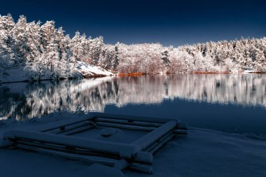 Arka planda karlı bir ormanla kaplı karla kaplı manzaralı bir göl pikniği alanı. Sessiz cazibeyle dolu güzel bir kış manzarası.