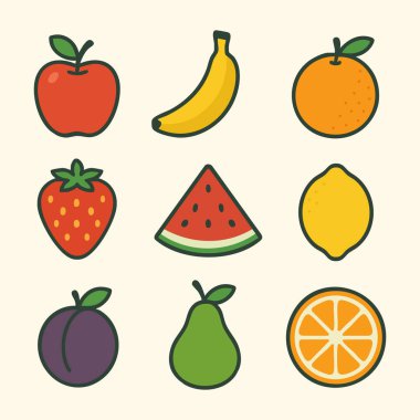Çilek, muz, armut, elma, portakal ve erik içeren çeşitli meyve simgelerini gösteren düz bir vektör çizimi.