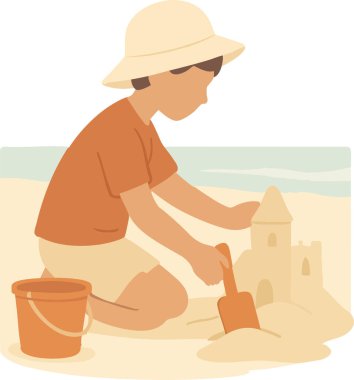Güneş şapkası takan ve kumsalda kumdan kale inşa eden birinin düz vektör çizimi.