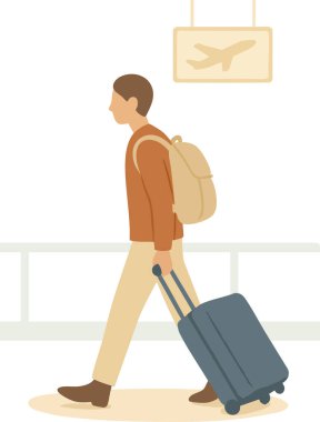 Bir gezginin düz vektör çizimi bavulu hareket eden bir uçuş tahtası simgesinin yanından geçiriyor..