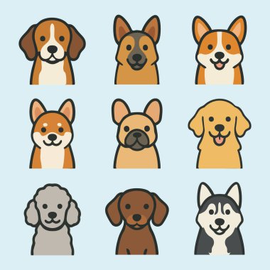 Çizgi film stili köpek yüzlerinin bir ızgaradaki çeşitli türleri temsil eden yinelenen bir deseni.