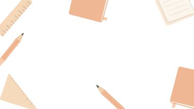 Beyaz bir yüzey üzerinde dağınık kalemler, defterler ve kağıt kırıntılarını gösteren düz bir tasarım vektörü arka planı.