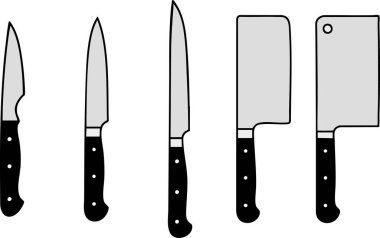 Mutfak bıçakları arasında şefe hizmet eden ekmek ve keskin arka planda kalın saplarla çizilmiş satır stilleri de var..