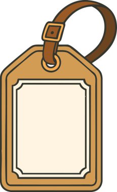 El çizimi bavul etiketi, bronz deri desenli, dikişli, sınır metal tokası ve iletişim detayları için boş bir etiket alanı..