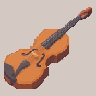 Klavye köprüsü ve kuyruk parçası ile çaprazlama gösterilen ahşap bir kemanın sessiz kahverengi bir panelde blok pikseli tasviri.