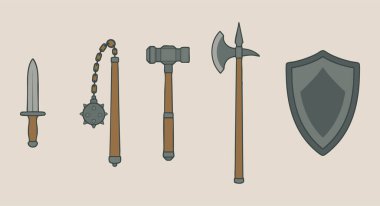 Çırpılmış uzun mızrak, ağır balta ve sessiz metal tonlarla çizilmiş kıvrımlı kalkan da dahil olmak üzere tarihsel melee silahlarının yatay görüntüsü..