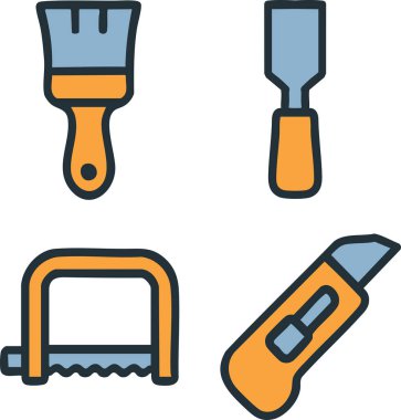 Boya fırçası, macun bıçağı, demir testeresi çerçevesi ve çekilebilir alet bıçağından oluşan düz bir çizgi film malzemesi koleksiyonu..